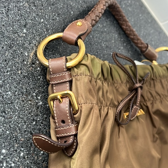 Vintage Prada Nylon Hobo Arm Bag | Olive Green Braided Handle Gold Hardware - Picture 9 of 10